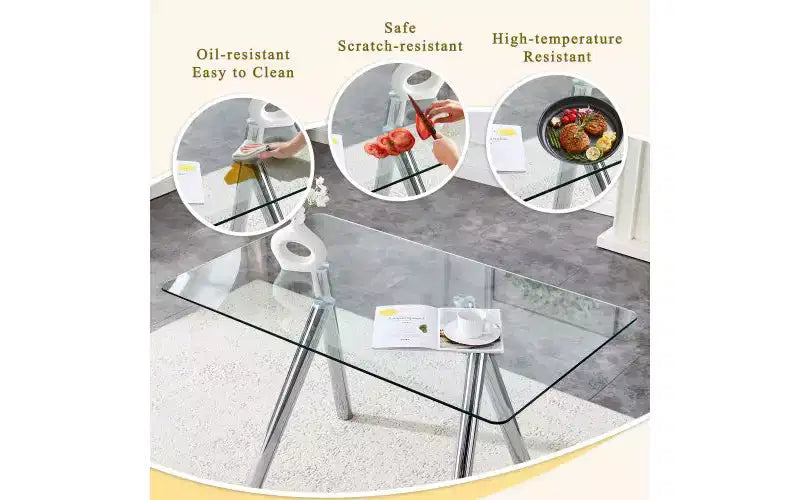 Table à manger en verre trempé avec pieds en métal, table de cuisine rectangulaire de 130 cm avec coins arrondis pour salon et salle à manger