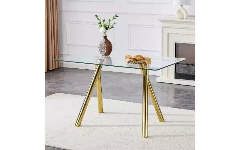 Table à manger en verre trempé avec pieds en métal, table de cuisine rectangulaire de 130 cm avec coins arrondis pour salon et salle à manger