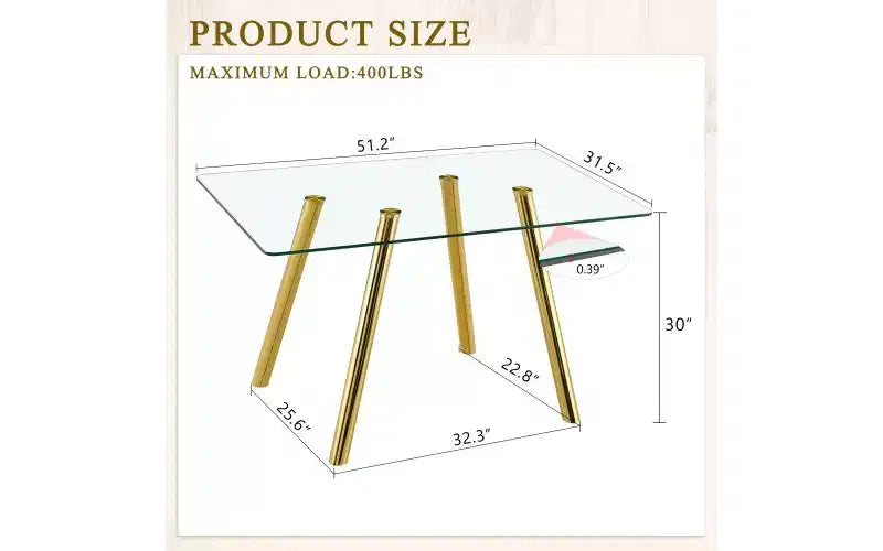 Table à manger en verre trempé avec pieds en métal, table de cuisine rectangulaire de 130 cm avec coins arrondis pour salon et salle à manger