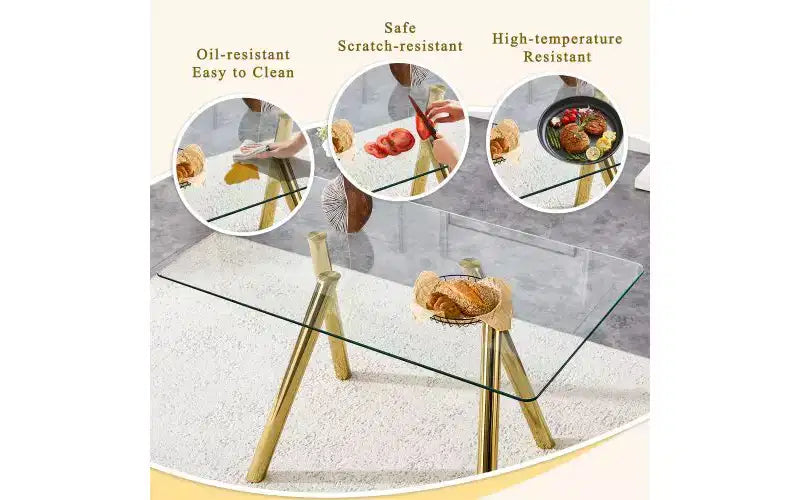 Table à manger en verre trempé avec pieds en métal, table de cuisine rectangulaire de 130 cm avec coins arrondis pour salon et salle à manger