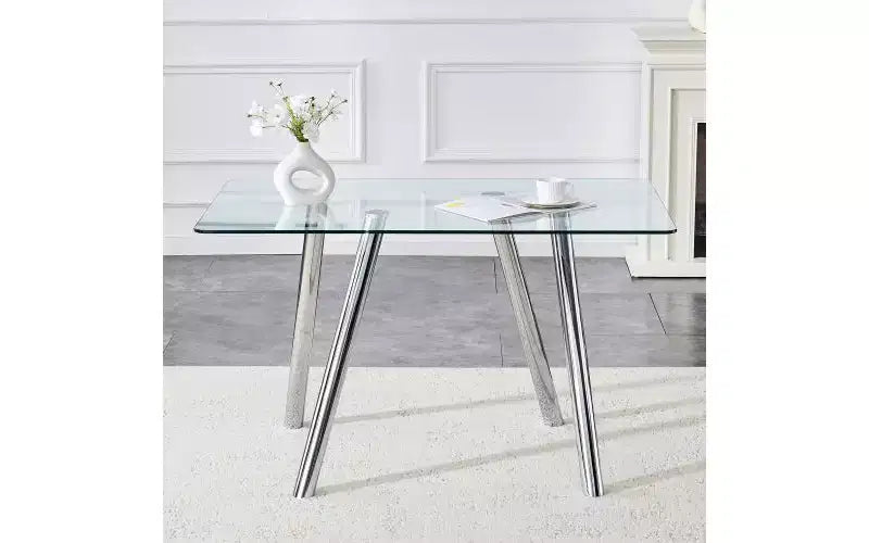 Table à manger en verre trempé avec pieds en métal, table de cuisine rectangulaire de 130 cm avec coins arrondis pour salon et salle à manger