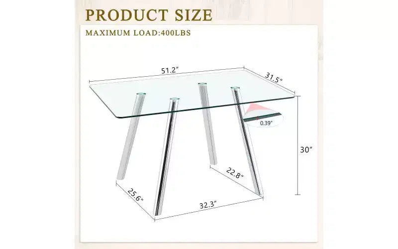 Table à manger en verre trempé avec pieds en métal, table de cuisine rectangulaire de 130 cm avec coins arrondis pour salon et salle à manger