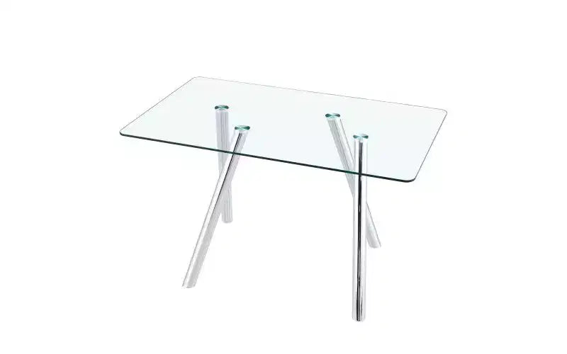Table à manger en verre trempé avec pieds en métal, table de cuisine rectangulaire de 130 cm avec coins arrondis pour salon et salle à manger