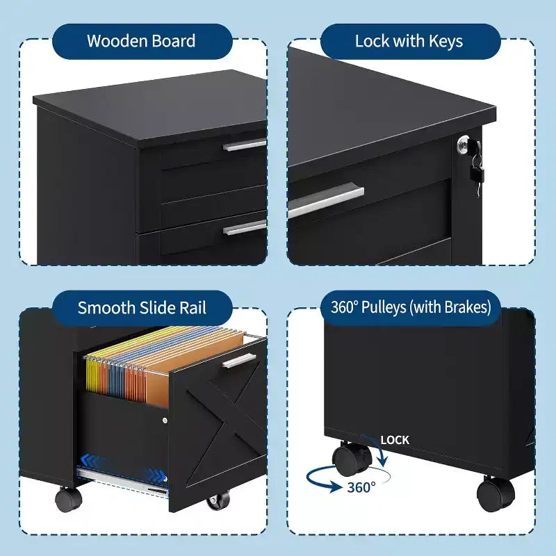Meuble de classement en bois avec serrure, classeur mobile sous le bureau sur roulettes, compatible A4/lettre, tiroir de rangement roulant, organisateur multifonctionnel