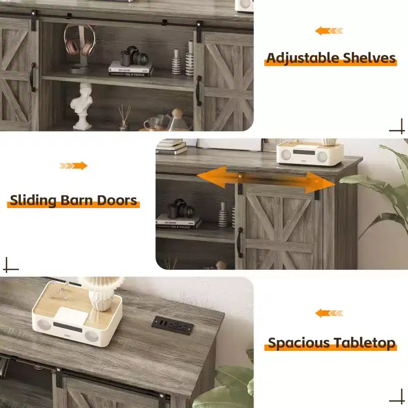 Meuble TV de style rustique pour téléviseur de 75 pouces, meuble de divertissement en bois, console meuble TV multimédia