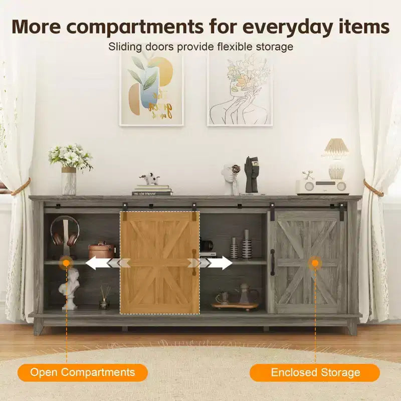Meuble TV de style rustique pour téléviseur de 75 pouces, meuble de divertissement en bois, console meuble TV multimédia