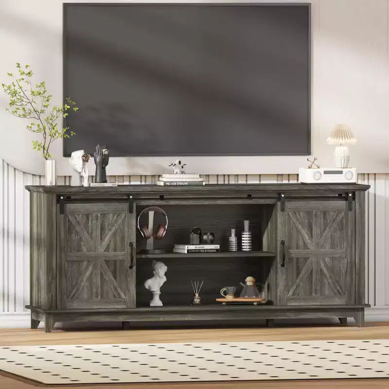 Meuble TV de style rustique pour téléviseur de 75 pouces, meuble de divertissement en bois, console meuble TV multimédia