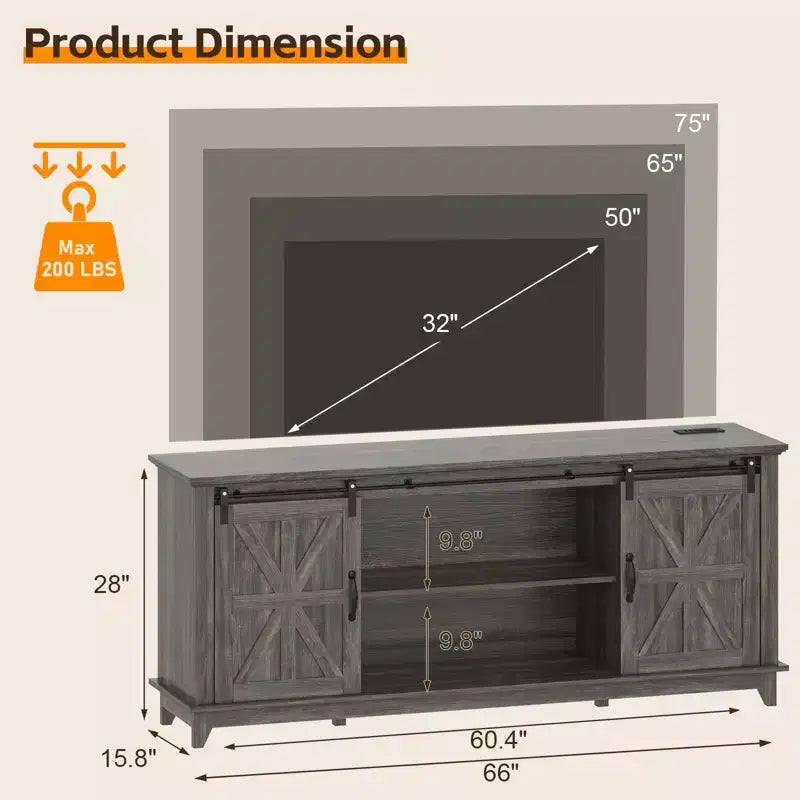 Meuble TV de style rustique pour téléviseur de 75 pouces, meuble de divertissement en bois, console meuble TV multimédia