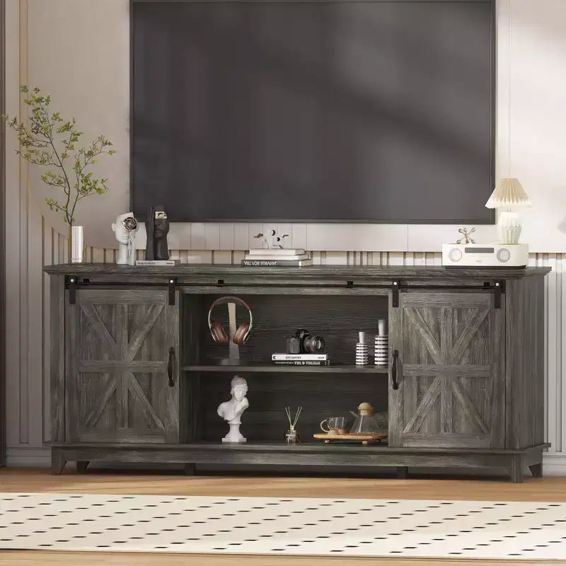 Meuble TV de style rustique pour téléviseur de 75 pouces, meuble de divertissement en bois, console meuble TV multimédia