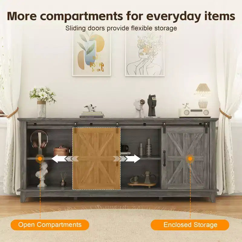 Meuble TV de style rustique pour téléviseur de 75 pouces, meuble de divertissement en bois, console meuble TV multimédia