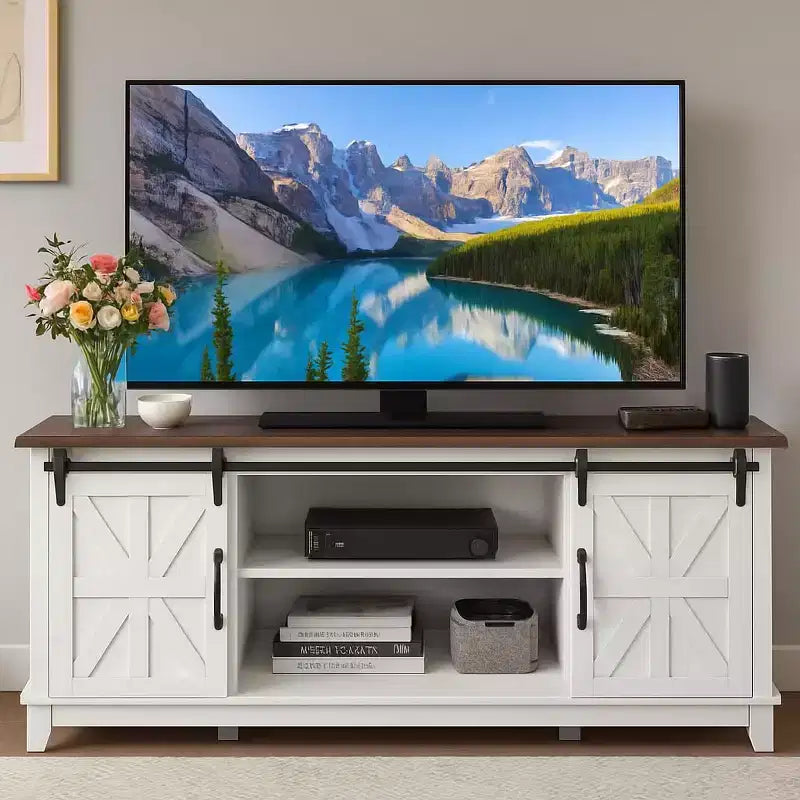 Meuble TV de style rustique pour téléviseur de 75 pouces, meuble de divertissement en bois, console meuble TV multimédia