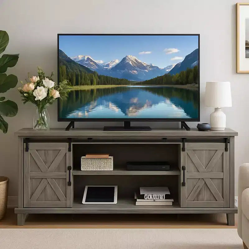 Meuble TV de style rustique pour téléviseur de 75 pouces, meuble de divertissement en bois, console meuble TV multimédia