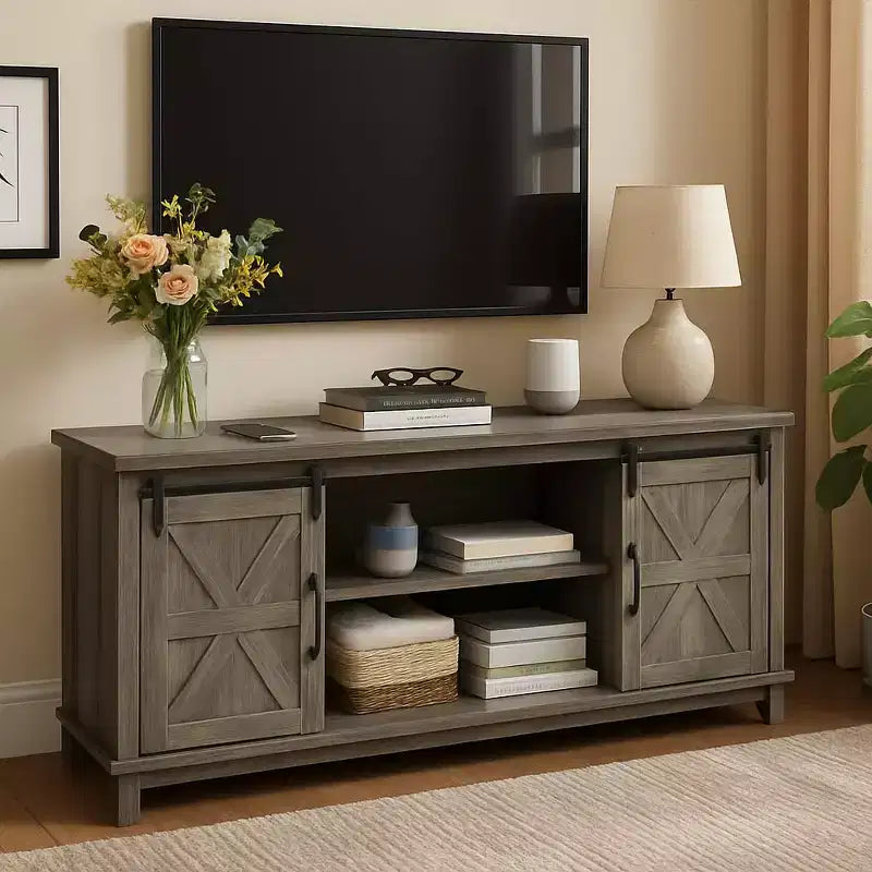 Meuble TV de style rustique pour téléviseur de 75 pouces, meuble de divertissement en bois, console meuble TV multimédia