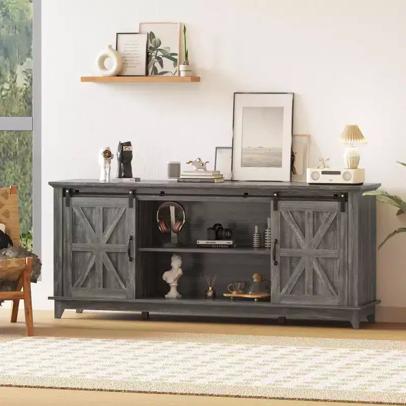 Meuble TV de style rustique pour téléviseur de 75 pouces, meuble de divertissement en bois, console meuble TV multimédia