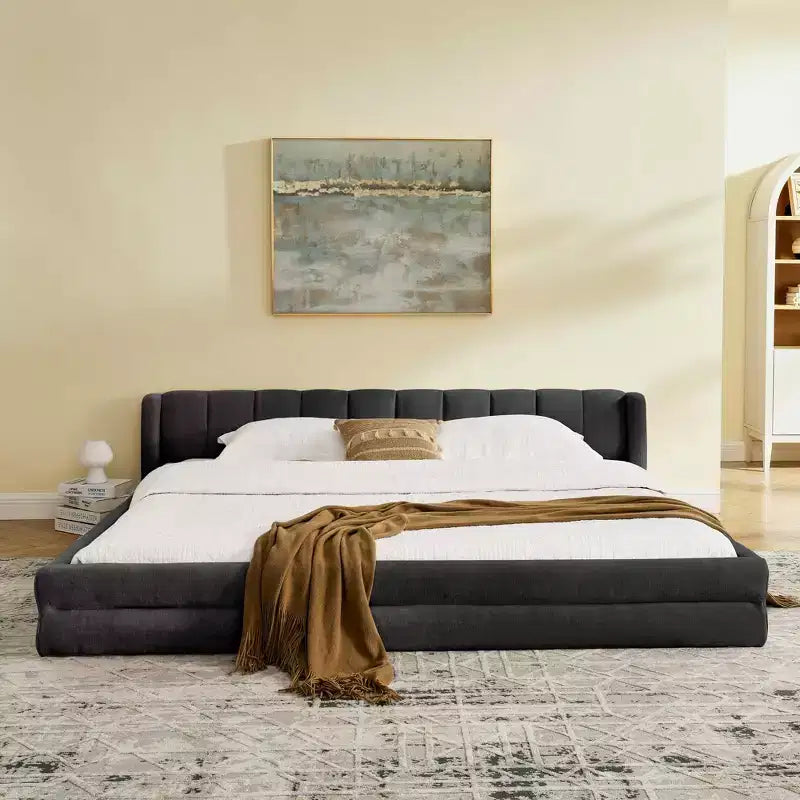 MAYEERTY King Size Upholstered Bed with Headboard Solid Frame Chenille Fabric Solid Frame for Bedroom Gray