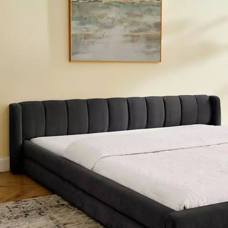 Lit capitonné King Size avec tête de lit, cadre solide en tissu chenille pour chambre à coucher, gris
