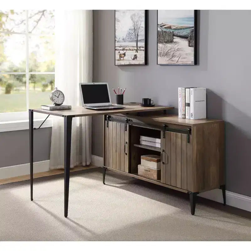 Bureau d'écriture en L de 48 pouces, bureau d'ordinateur moderne avec rangement à porte coulissante, gestion des câbles, pieds en métal pour bureau à domicile
