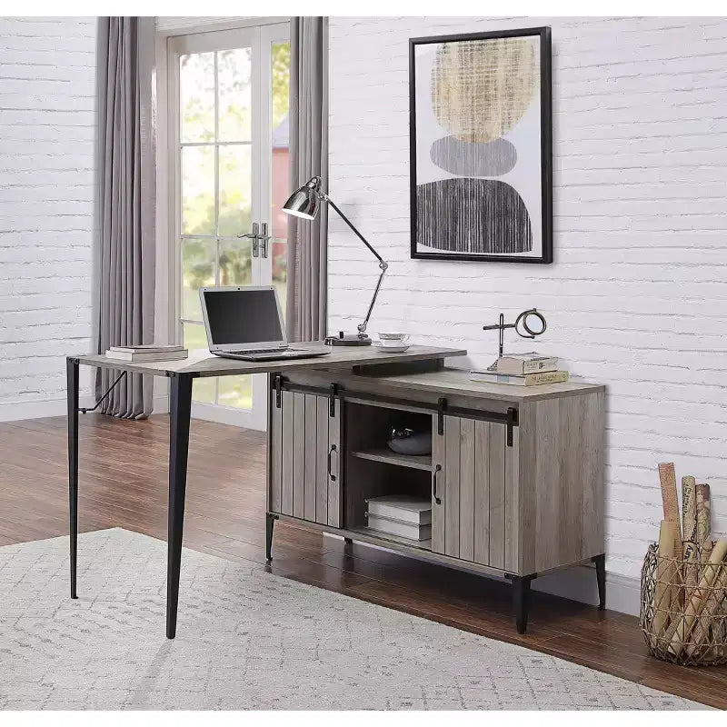 Bureau d'écriture en L de 48 pouces, bureau d'ordinateur moderne avec rangement à porte coulissante, gestion des câbles, pieds en métal pour bureau à domicile