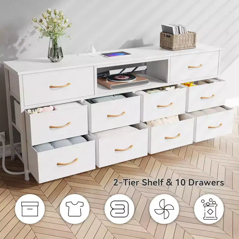 Commode Grande Blanche à 10 Tiroirs Meuble TV Pour Téléviseur 75 Pouces Console Multimédia avec Rangement en Tissu, Prises de Courant et Lumières LED Meuble de Rangement pour Chambre à Coucher