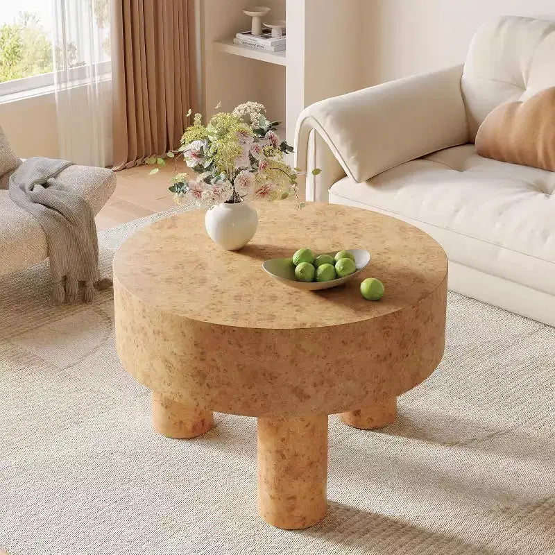 Table basse ronde de 31,5 pouces pour salon, table basse ronde moderne avec texture loupe et pieds robustes pour appartement, petit espace