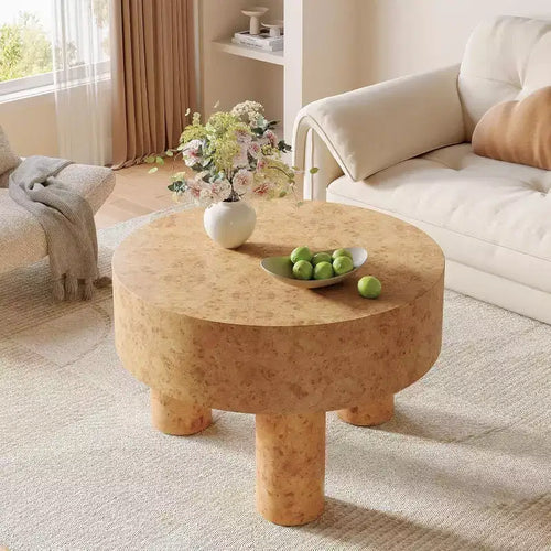 Table basse ronde de 31,5 pouces pour salon, table basse ronde moderne avec texture loupe et pieds robustes pour appartement, petit espace