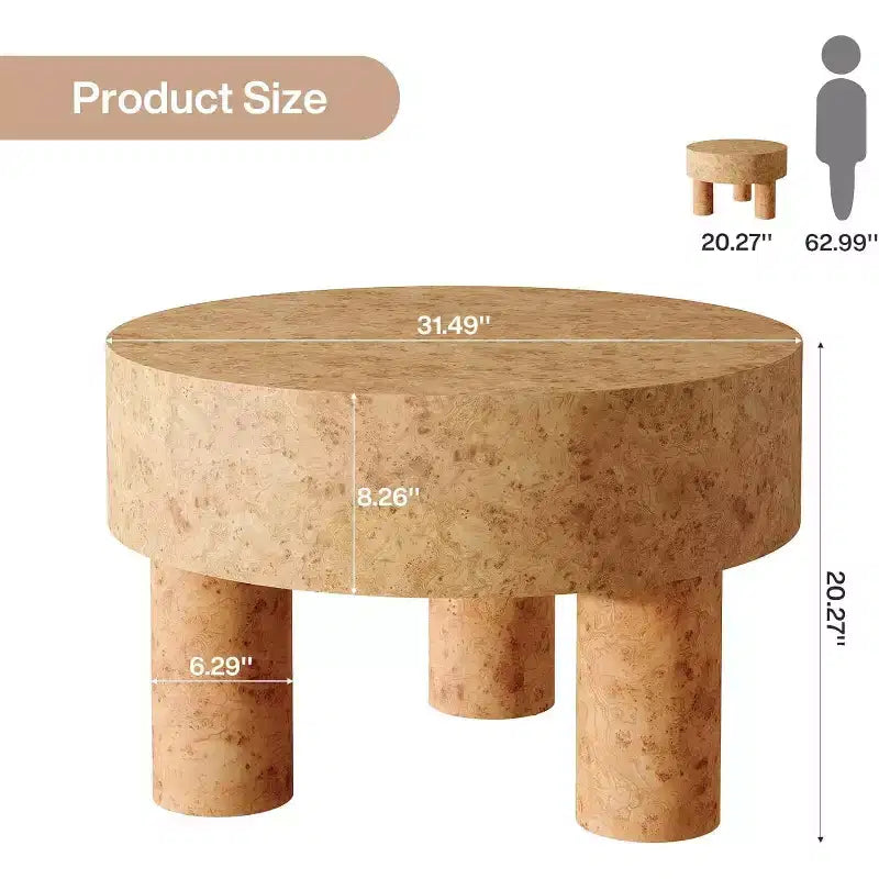 Table basse ronde de 31,5 pouces pour salon, table basse ronde moderne avec texture loupe et pieds robustes pour appartement, petit espace