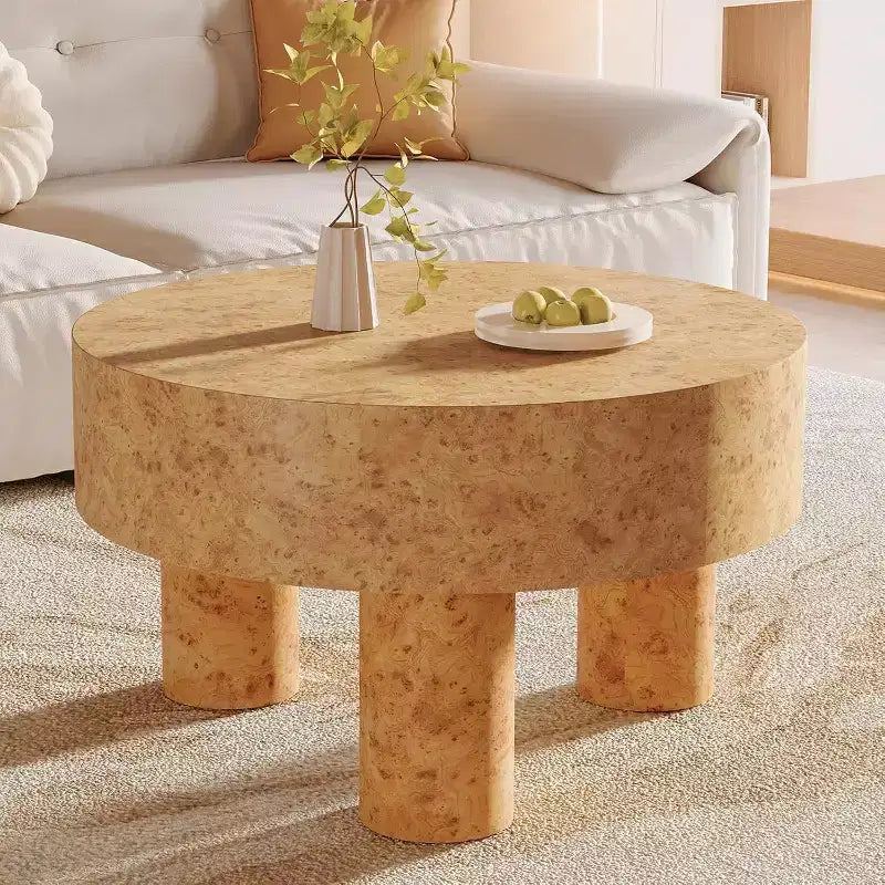 Table basse ronde de 31,5 pouces pour salon, table basse ronde moderne avec texture loupe et pieds robustes pour appartement, petit espace