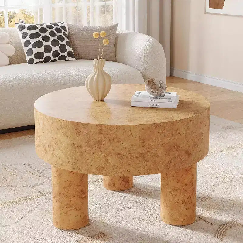 Table basse ronde de 31,5 pouces pour salon, table basse ronde moderne avec texture loupe et pieds robustes pour appartement, petit espace