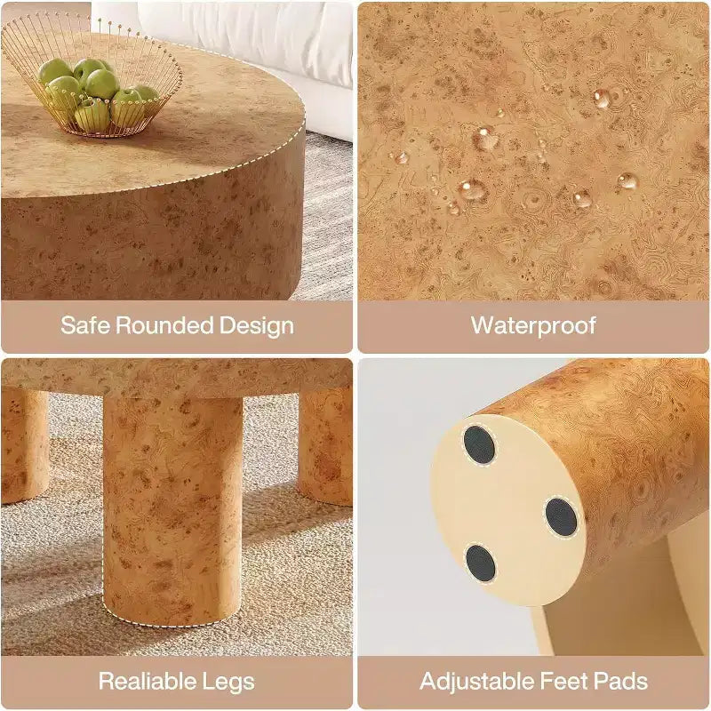 Table basse ronde de 31,5 pouces pour salon, table basse ronde moderne avec texture loupe et pieds robustes pour appartement, petit espace