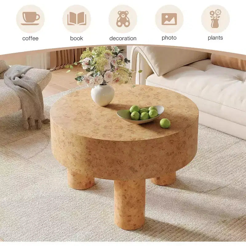 Table basse ronde de 31,5 pouces pour salon, table basse ronde moderne avec texture loupe et pieds robustes pour appartement, petit espace