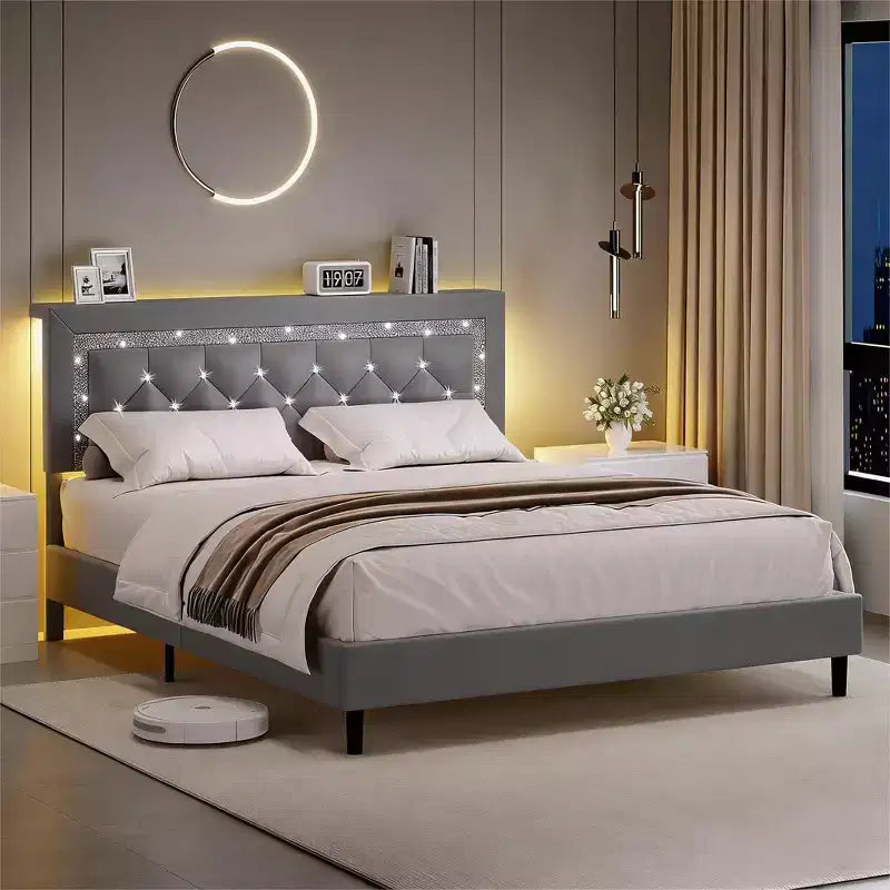 Cadre de lit plateforme avec tête de lit capitonnée en losanges, support à lattes en bois, pas besoin de sommier pour lit double, queen ou king size