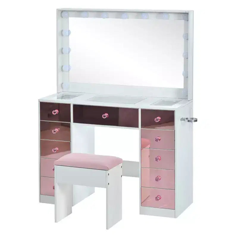 Coiffeuse avec plateau en verre, 6 tiroirs et étagères roses, tabouret inclus