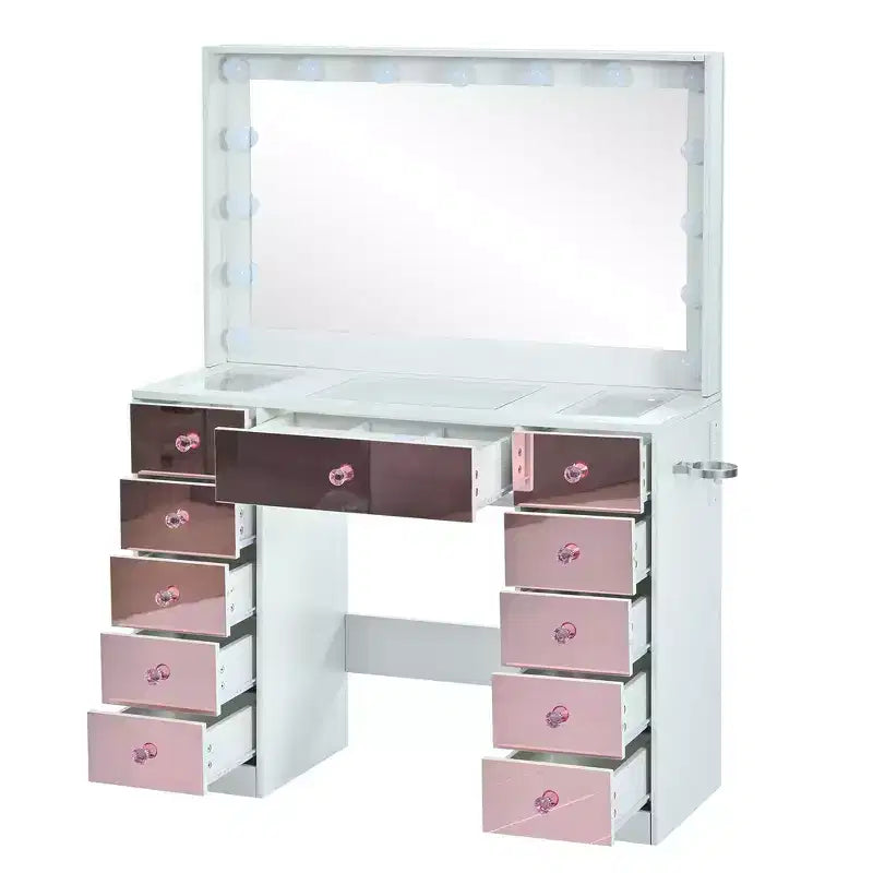 Coiffeuse avec plateau en verre, 6 tiroirs et étagères roses, tabouret inclus