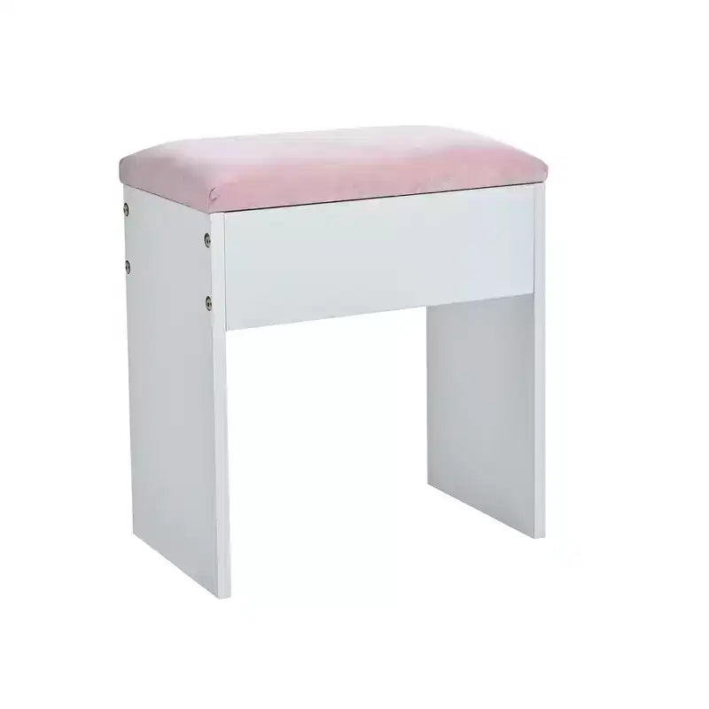 Coiffeuse avec plateau en verre, 6 tiroirs et étagères roses, tabouret inclus