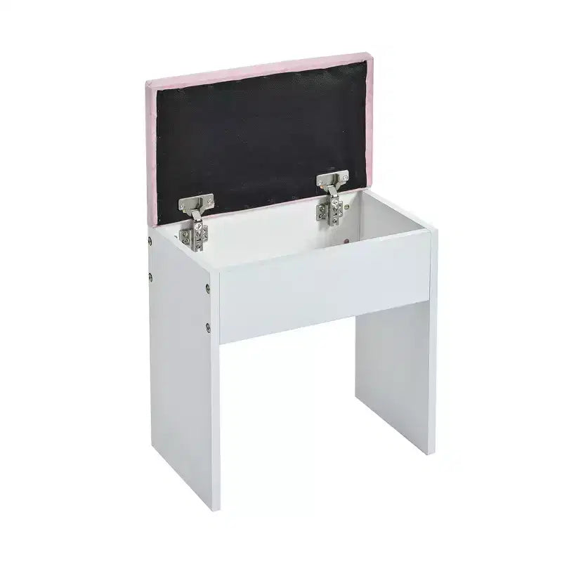 Coiffeuse avec plateau en verre, 6 tiroirs et étagères roses, tabouret inclus