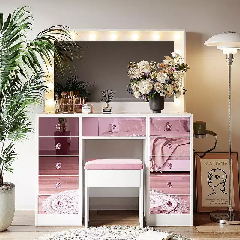 Coiffeuse avec plateau en verre, 6 tiroirs et étagères roses, tabouret inclus