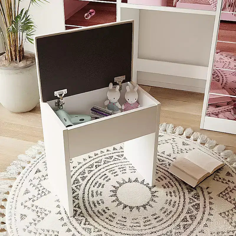 Coiffeuse avec plateau en verre, 6 tiroirs et étagères roses, tabouret inclus