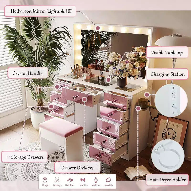 Coiffeuse avec plateau en verre, 6 tiroirs et étagères roses, tabouret inclus
