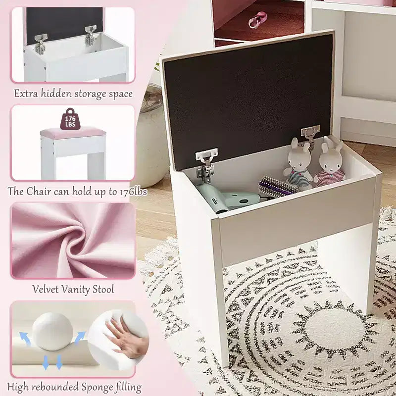 Coiffeuse avec plateau en verre, 6 tiroirs et étagères roses, tabouret inclus