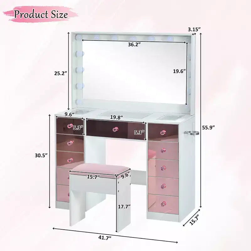 Coiffeuse avec plateau en verre, 6 tiroirs et étagères roses, tabouret inclus