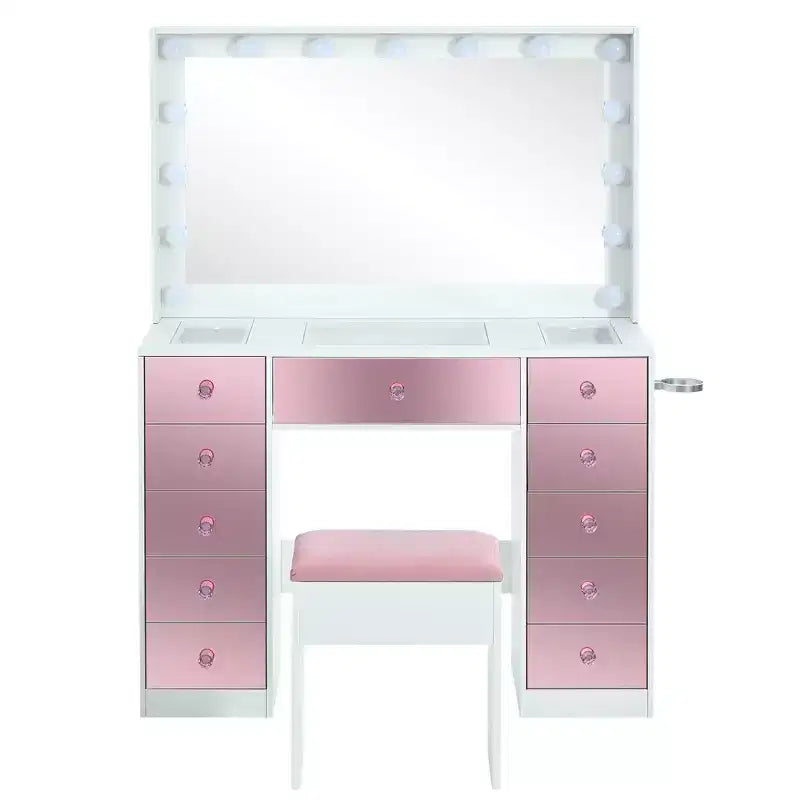 Coiffeuse avec plateau en verre, 6 tiroirs et étagères roses, tabouret inclus