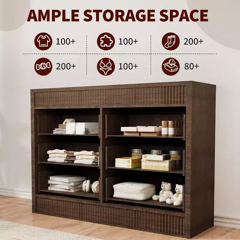 Commode à 6 tiroirs pour chambre à coucher, commode en bois cannelé, organisateur de rangement moderne en chêne pour salon, couloir, entrée