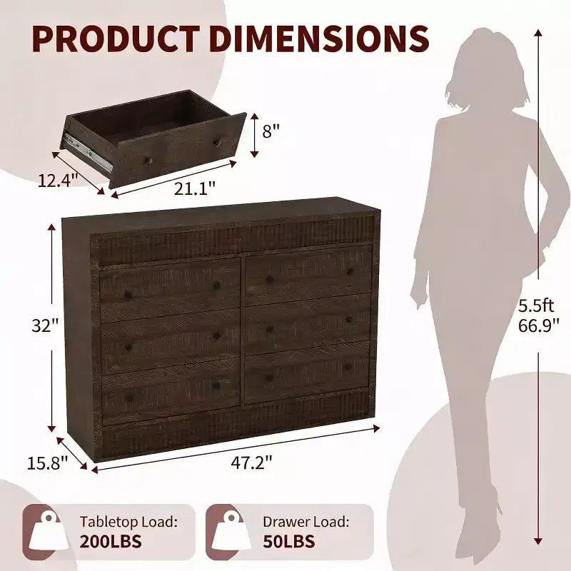 Commode à 6 tiroirs pour chambre à coucher, commode en bois cannelé, organisateur de rangement moderne en chêne pour salon, couloir, entrée