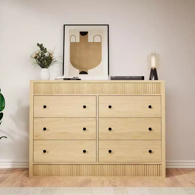6 Drawer Dresser for Bedroom,Wooden Fluted Chest of Drawers,Modern Oak Storage Organizer for Living Room,Hallway, Entryway