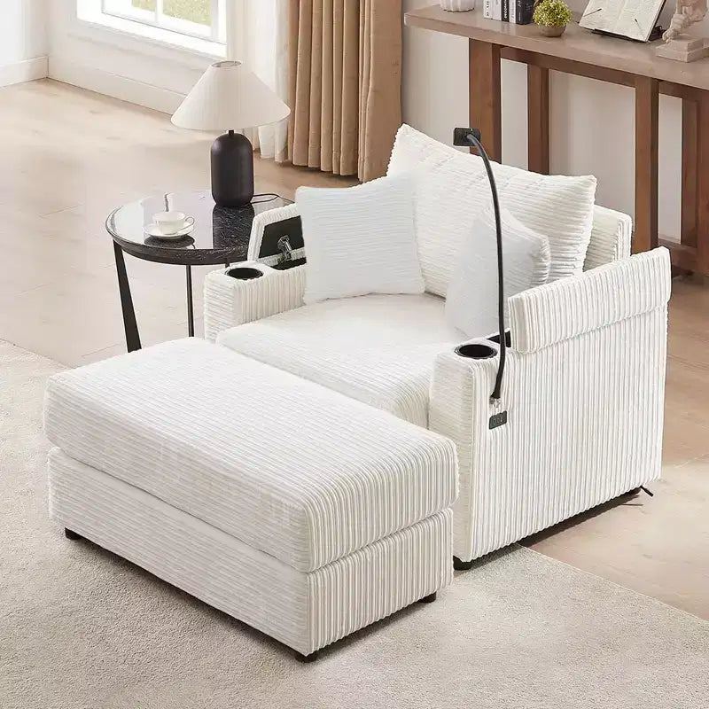 Canapé simple moderne de 41,7 pouces avec pouf de rangement et deux porte-gobelets pour salon, beige