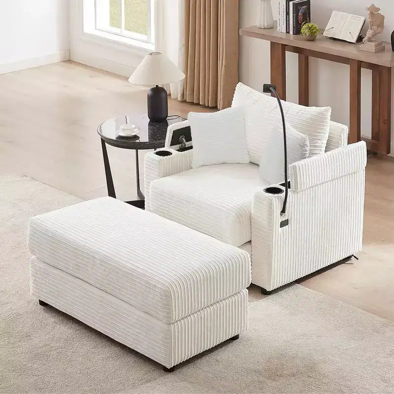 Canapé simple moderne de 41,7 pouces avec pouf de rangement et deux porte-gobelets pour salon, beige