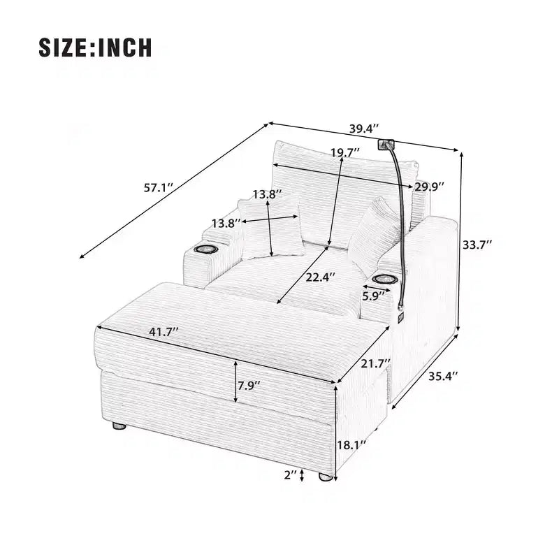 Canapé simple moderne de 41,7 pouces avec pouf de rangement et deux porte-gobelets pour salon, beige
