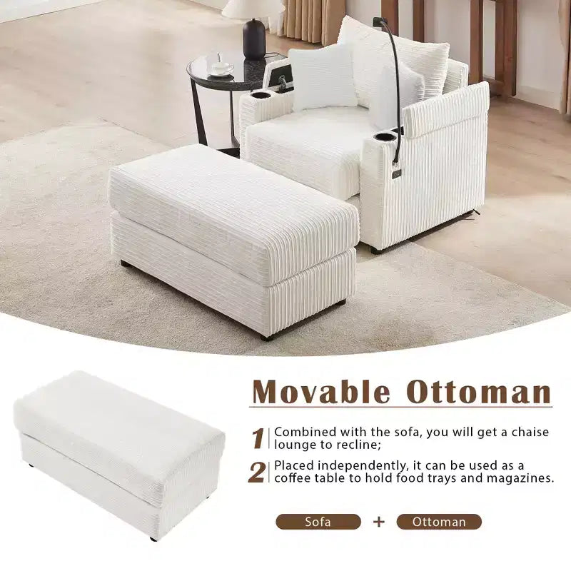 Canapé simple moderne de 41,7 pouces avec pouf de rangement et deux porte-gobelets pour salon, beige