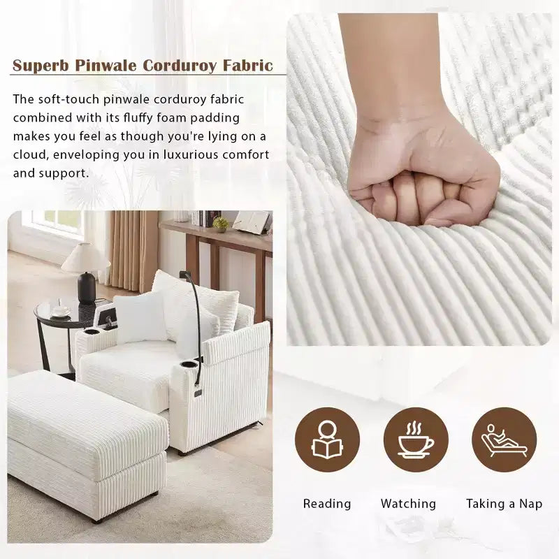 Canapé simple moderne de 41,7 pouces avec pouf de rangement et deux porte-gobelets pour salon, beige