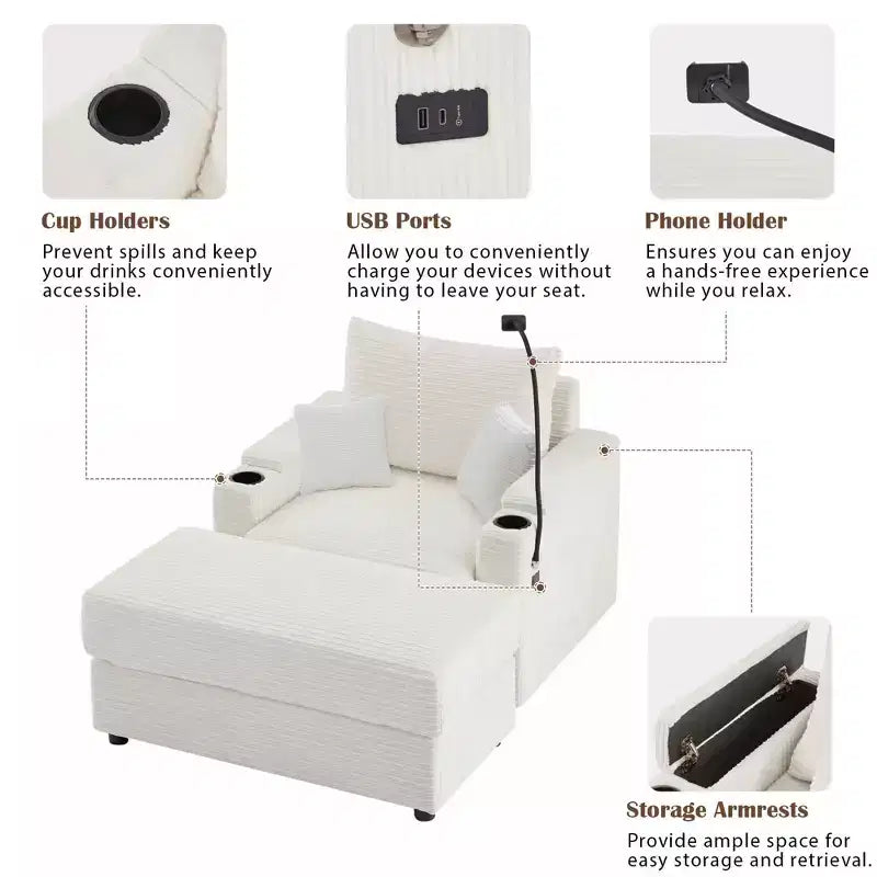 Canapé simple moderne de 41,7 pouces avec pouf de rangement et deux porte-gobelets pour salon, beige